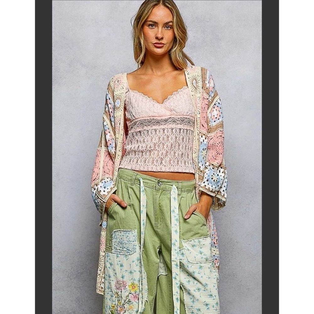 POL New Long Sleeve Granny Square Crochet Open Cardigan Pink One Size - Picture 3 of 7